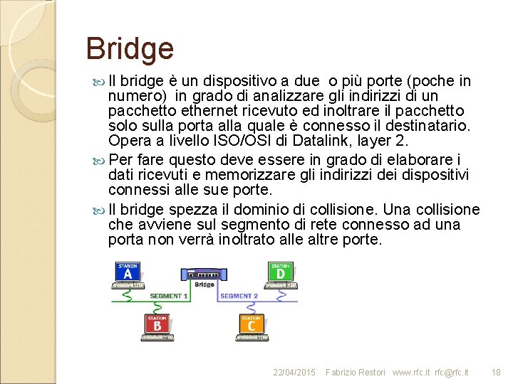 Bridge Il bridge è un dispositivo a due o più porte (poche in numero)