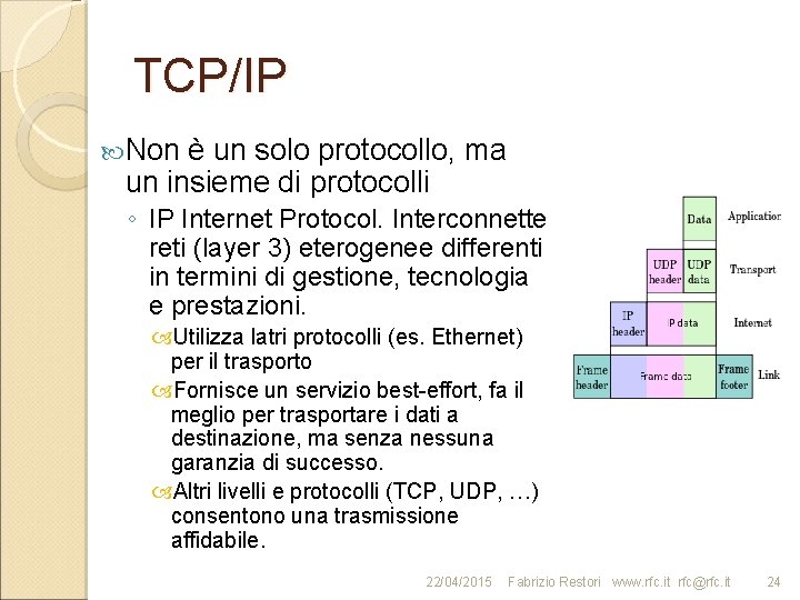 TCP/IP Non è un solo protocollo, ma un insieme di protocolli ◦ IP Internet