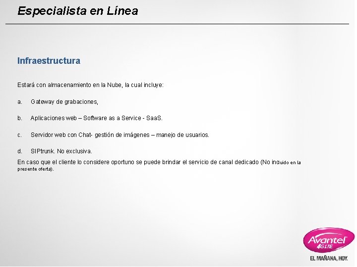 Especialista en Línea Infraestructura Estará con almacenamiento en la Nube, la cual incluye: a.