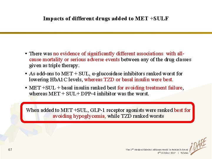 Impacts of different drugs added to MET +SULF • There was no evidence of