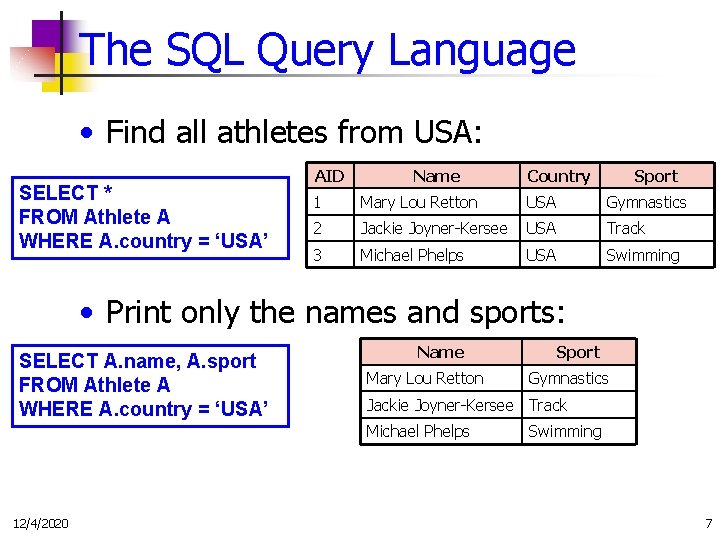 The SQL Query Language • Find all athletes from USA: SELECT * FROM Athlete