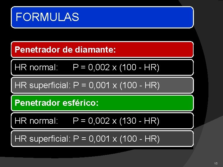 FORMULAS Penetrador de diamante: HR normal: P = 0, 002 x (100 - HR)