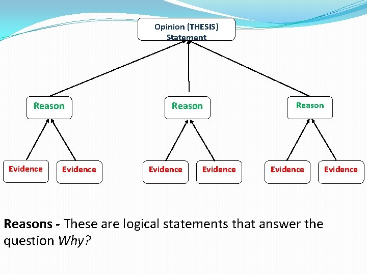 Opinion (THESIS) Statement Reason Evidence Reason Evidence Reasons - These are logical statements that