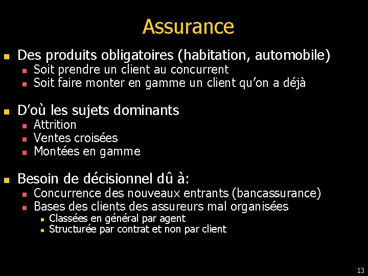 Assurance n Des produits obligatoires (habitation, automobile) n n n D’où les sujets dominants Assurance n Des produits obligatoires (habitation, automobile) n n n D’où les sujets dominants
