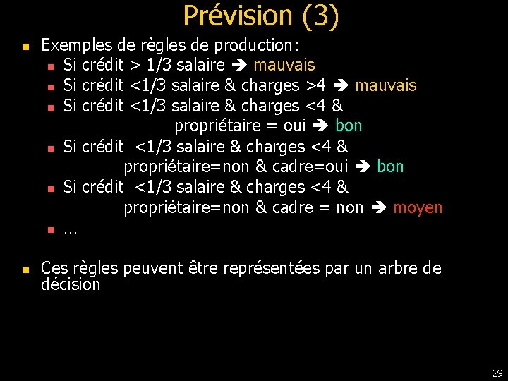 Prévision (3) n n Exemples de règles de production: n Si crédit > 1/3 Prévision (3) n n Exemples de règles de production: n Si crédit > 1/3