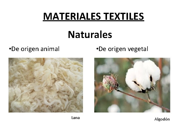 MATERIALES TEXTILES Naturales • De origen animal • De origen vegetal Lana Algodón MATERIALES TEXTILES Naturales • De origen animal • De origen vegetal Lana Algodón