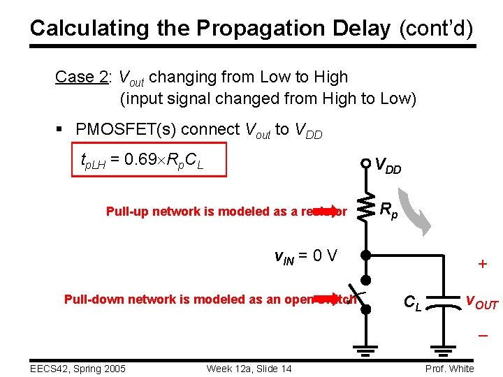 Calculating the Propagation Delay (cont’d) Case 2: Vout changing from Low to High (input