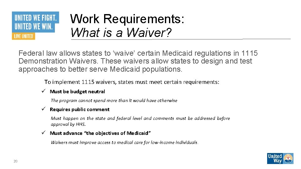 Work Requirements: What is a Waiver? Federal law allows states to ‘waive’ certain Medicaid