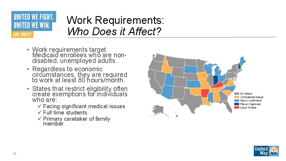 Work Requirements: Who Does it Affect? • Work requirements target Medicaid enrollees who are