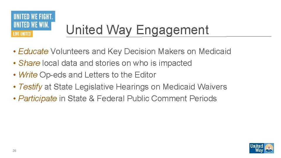 United Way Engagement • Educate Volunteers and Key Decision Makers on Medicaid • Share