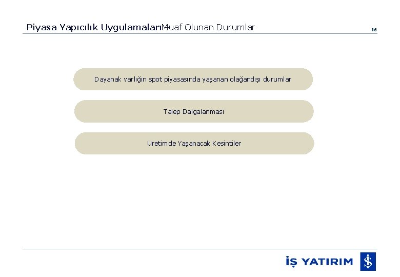 Piyasa Yapıcılık UygulamalarıMuaf – Olunan Durumlar Dayanak varlığın spot piyasasında yaşanan olağandışı durumlar Talep