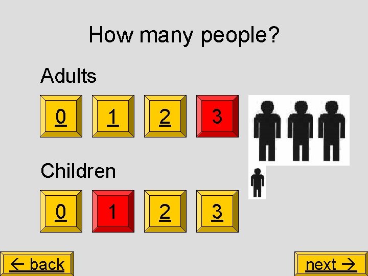 How many people? Adults 0 1 2 3 Children 0 back 1 next 