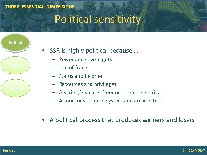 THREE ESSENTIAL DIMENSIONS Political sensitivity Political • SSR is highly political because … Holistic