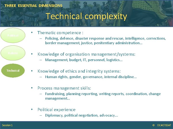 THREE ESSENTIAL DIMENSIONS Technical complexity Political Holistic • Thematic competence : – Policing, defence,