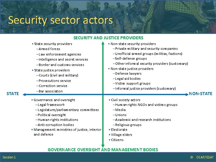 Security sector actors SECURITY AND JUSTICE PROVIDERS STATE • State security providers – Armed
