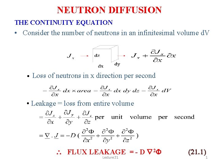 NEUTRON DIFFUSION THE CONTINUITY EQUATION • Consider the number of neutrons in an infinitesimal