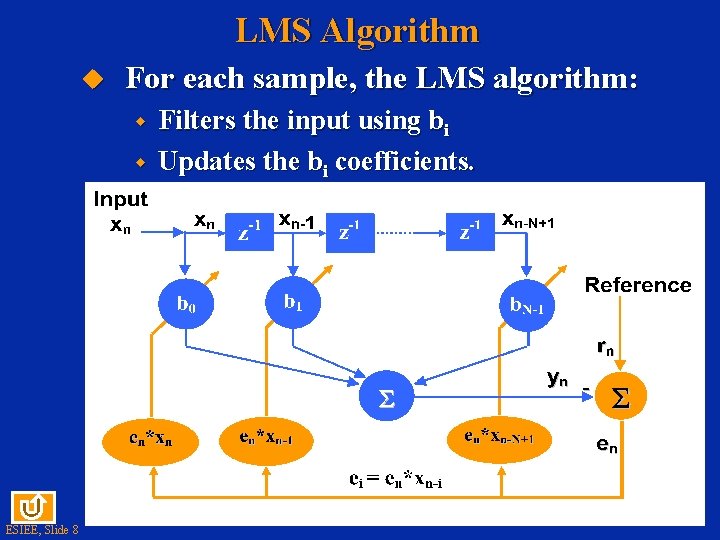 LMS Algorithm u For each sample, the LMS algorithm: w w ESIEE, Slide 8