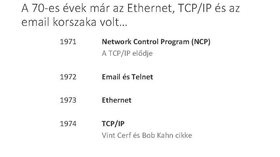 A 70 -es évek már az Ethernet, TCP/IP és az email korszaka volt… 1971 A 70 -es évek már az Ethernet, TCP/IP és az email korszaka volt… 1971