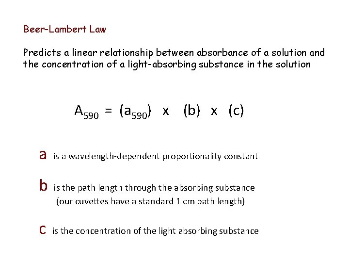 Beer-Lambert Law Predicts a linear relationship between absorbance of a solution and the concentration