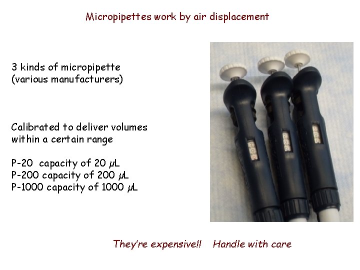 Micropipettes work by air displacement 3 kinds of micropipette (various manufacturers) Calibrated to deliver