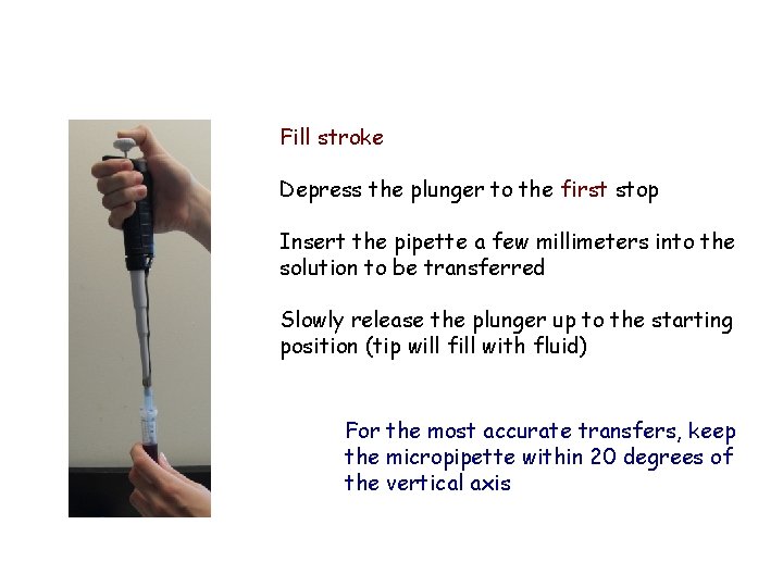 Fill stroke Depress the plunger to the first stop Insert the pipette a few