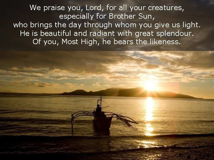 We praise you, Lord, for all your creatures, especially for Brother Sun, who brings