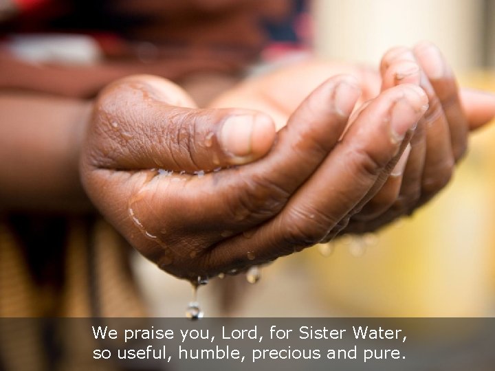 We praise you, Lord, for Sister Water, so useful, humble, precious and pure. 