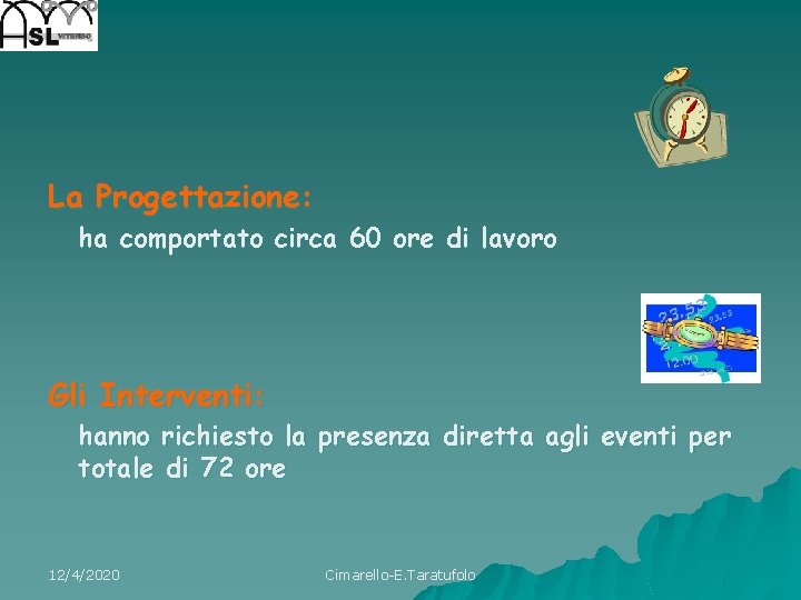 La Progettazione: ha comportato circa 60 ore di lavoro Gli Interventi: hanno richiesto la