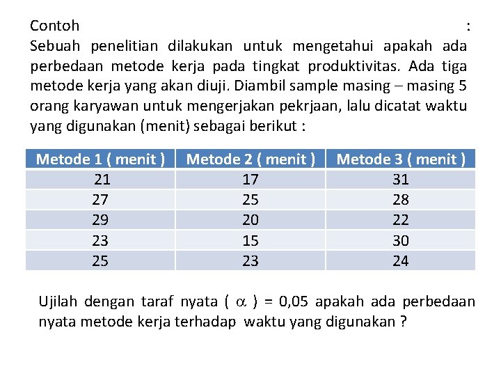 Contoh : Sebuah penelitian dilakukan untuk mengetahui apakah ada perbedaan metode kerja pada tingkat