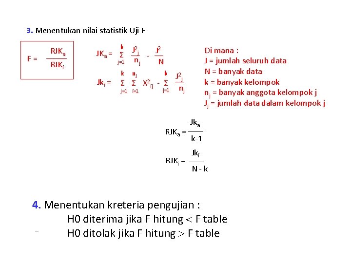 3. Menentukan nilai statistik Uji F F= RJKa RJKi k 2 2 JKa =