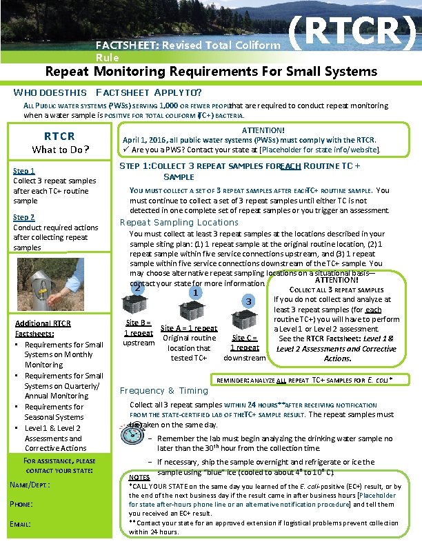 FACTSHEET: Revised Total Coliform Rule (RTCR) Repeat Monitoring Requirements For Small Systems W HO