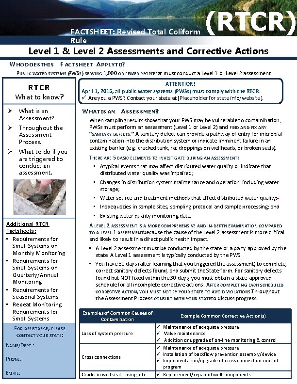 FACTSHEET: Revised Total Coliform Rule (RTCR) Level 1 & Level 2 Assessments and Corrective
