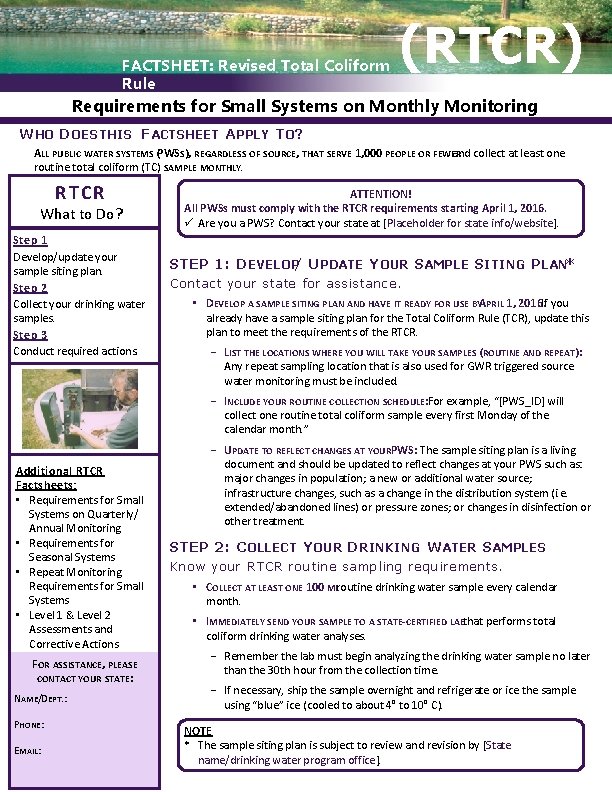 FACTSHEET: Revised Total Coliform Rule (RTCR) Requirements for Small Systems on Monthly Monitoring W