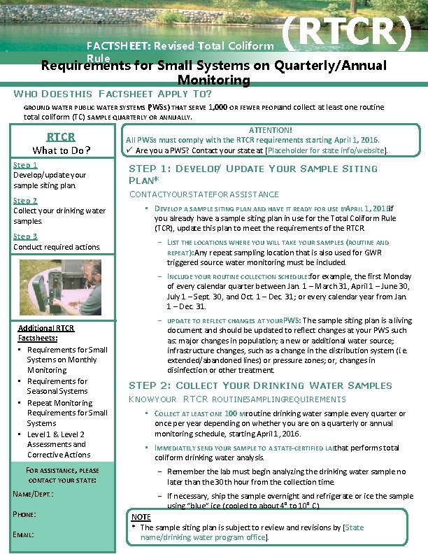 FACTSHEET: Revised Total Coliform Rule (RTCR) Requirements for Small Systems on Quarterly/Annual Monitoring W