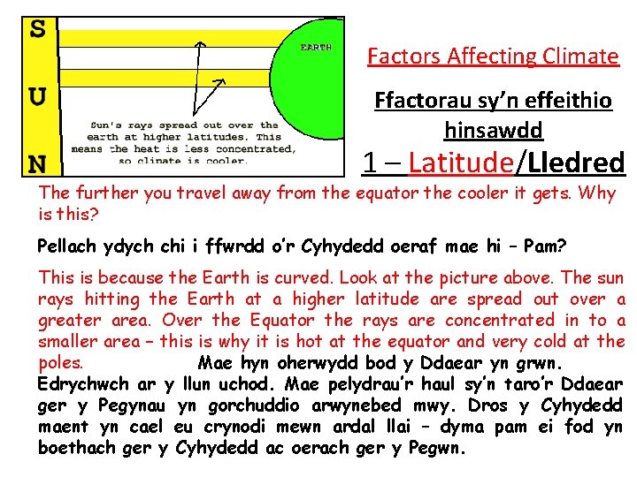 Factors Affecting Climate Ffactorau sy’n effeithio hinsawdd 1 – Latitude/Lledred The further you travel