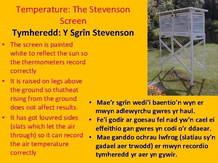 Temperature: The Stevenson Screen Tymheredd: Y Sgrîn Stevenson • The screen is painted white