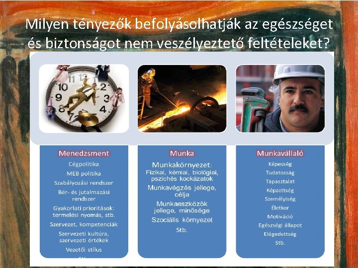 Milyen tényezők befolyásolhatják az egészséget és biztonságot nem veszélyeztető feltételeket? 