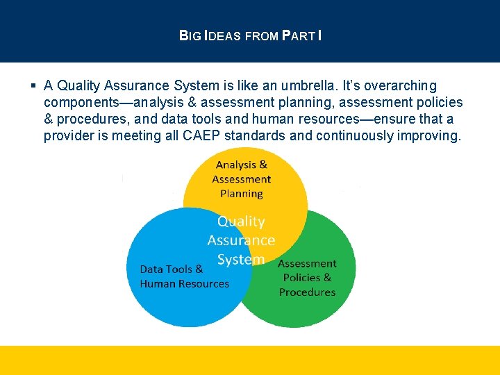 BIG IDEAS FROM PART I § A Quality Assurance System is like an umbrella.
