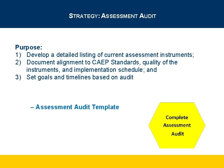 STRATEGY: ASSESSMENT AUDIT Purpose: 1) Develop a detailed listing of current assessment instruments; 2)