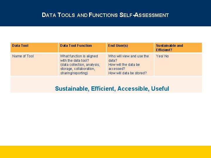 DATA TOOLS AND FUNCTIONS SELF-ASSESSMENT Data Tool Function End User(s) Sustainable and Efficient? Name