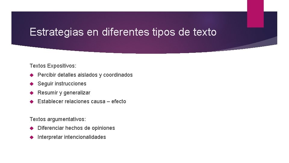 Estrategias en diferentes tipos de texto Textos Expositivos: Percibir detalles aislados y coordinados Seguir