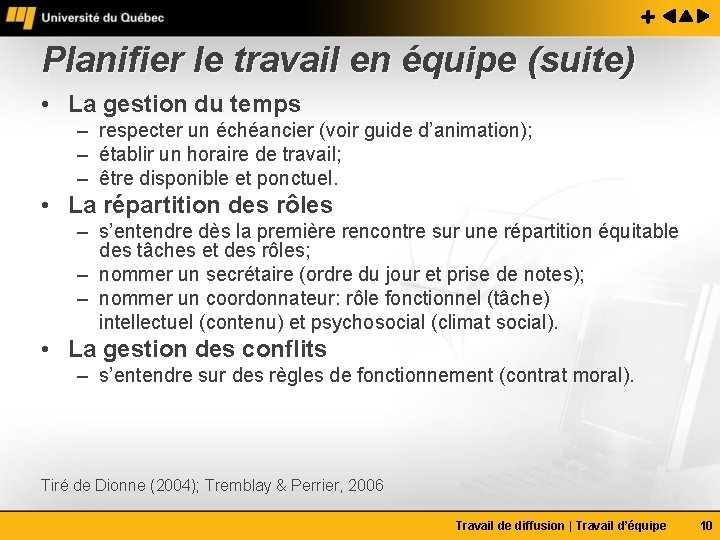 Planifier le travail en équipe (suite) • La gestion du temps – respecter un