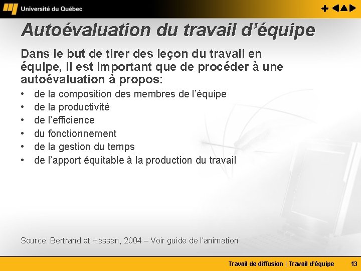 Autoévaluation du travail d’équipe Dans le but de tirer des leçon du travail en