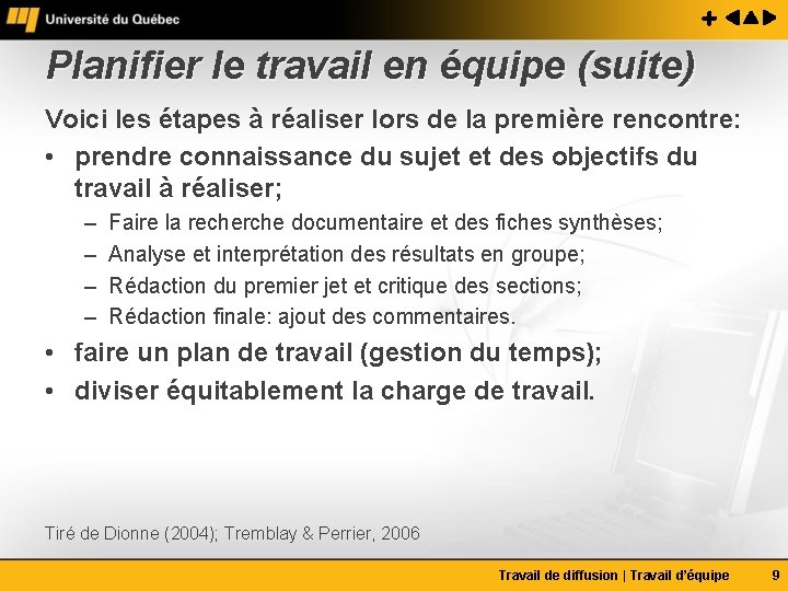 Planifier le travail en équipe (suite) Voici les étapes à réaliser lors de la