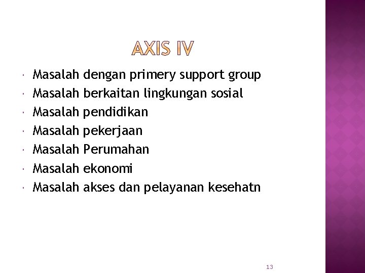  Masalah Masalah dengan primery support group berkaitan lingkungan sosial pendidikan pekerjaan Perumahan ekonomi