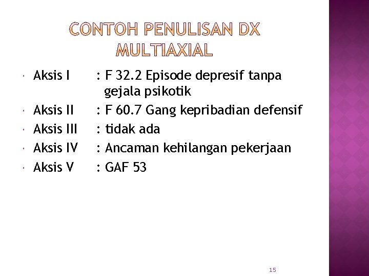  Aksis I Aksis II IV V : F 32. 2 Episode depresif tanpa