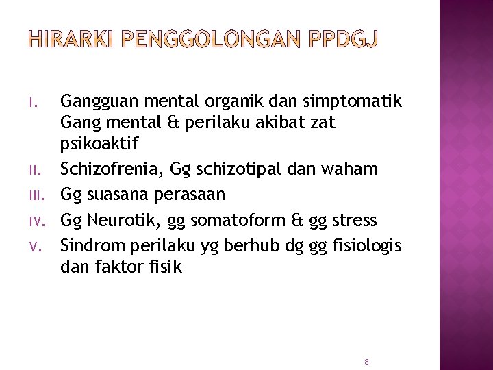 I. II. IV. V. Gangguan mental organik dan simptomatik Gang mental & perilaku akibat