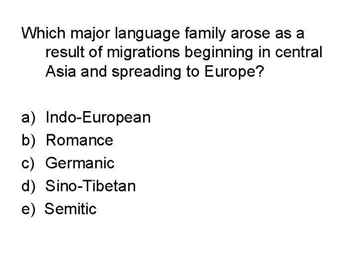 Which major language family arose as a result of migrations beginning in central Asia