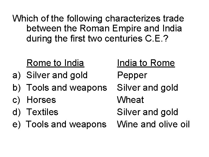 Which of the following characterizes trade between the Roman Empire and India during the