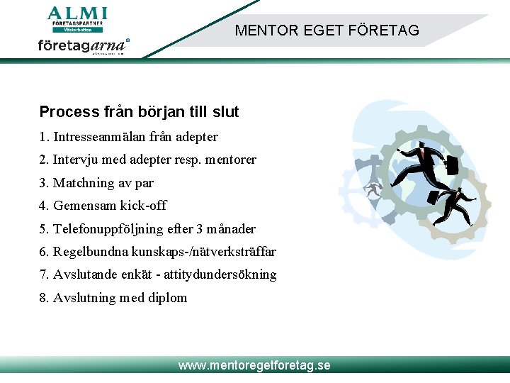 MENTOR EGET FÖRETAG Process från början till slut 1. Intresseanmälan från adepter 2. Intervju